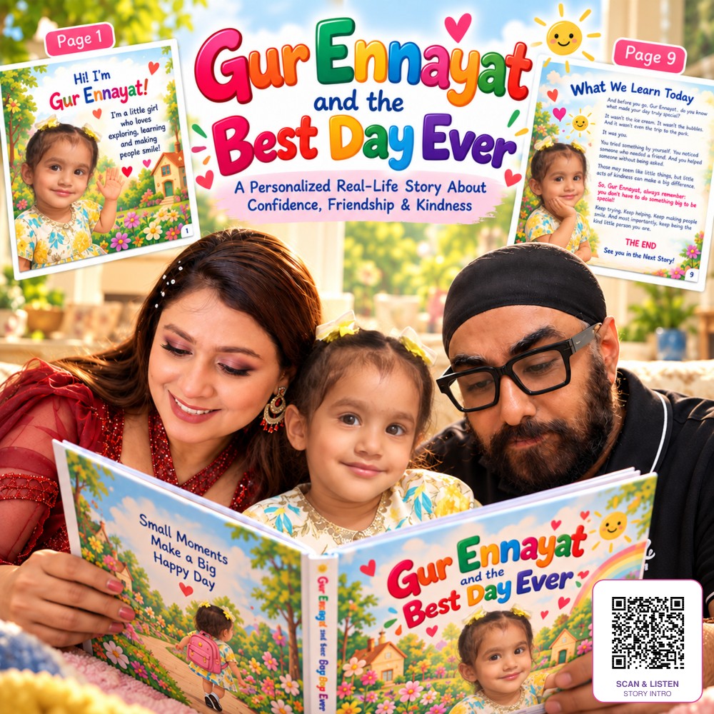 Personalised picture audiobook cover featuring Gur Ennayat with her parents