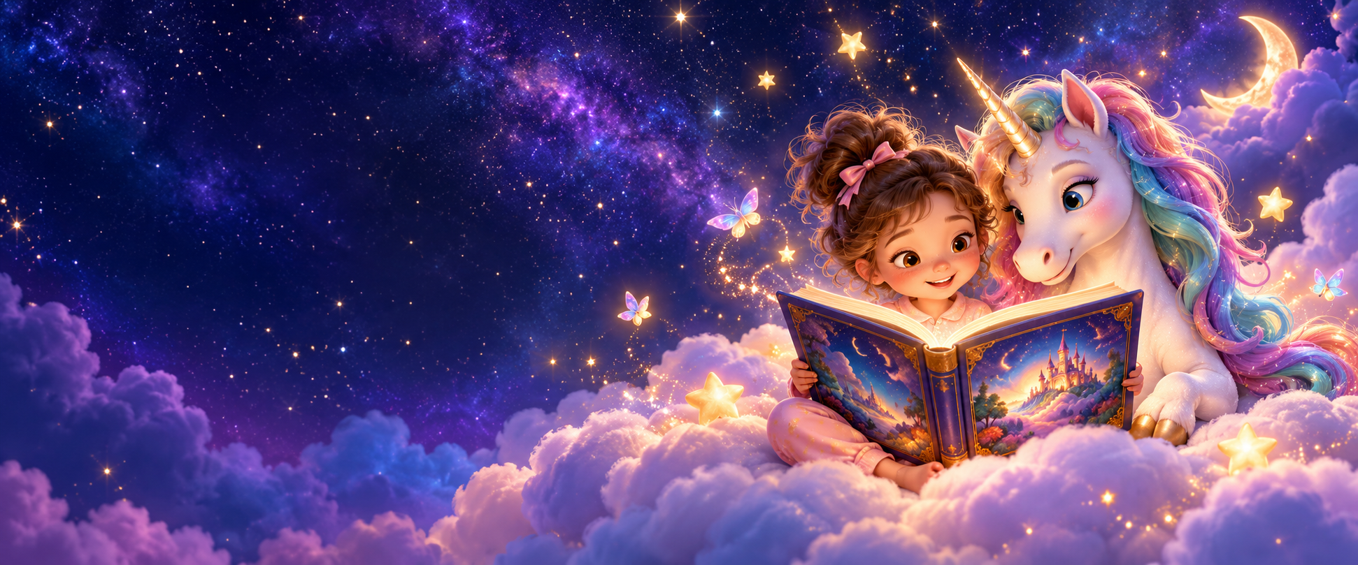 Child reading with a friendly unicorn